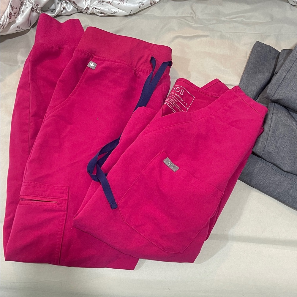 Figs Hot Pink Scrub Set with Navy Accents